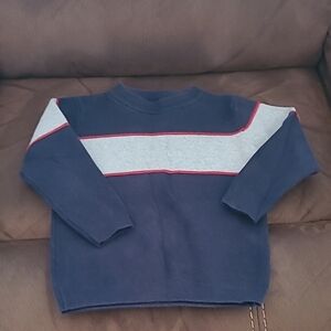 Navy Blue Sweater with Gray and Red Stripes